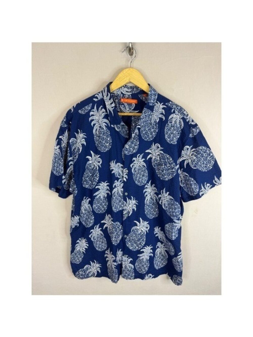 Tori Richard Mens 2XL Pineapple Print Cotton Pucker Lawn Aloha Shirt Navy Blue